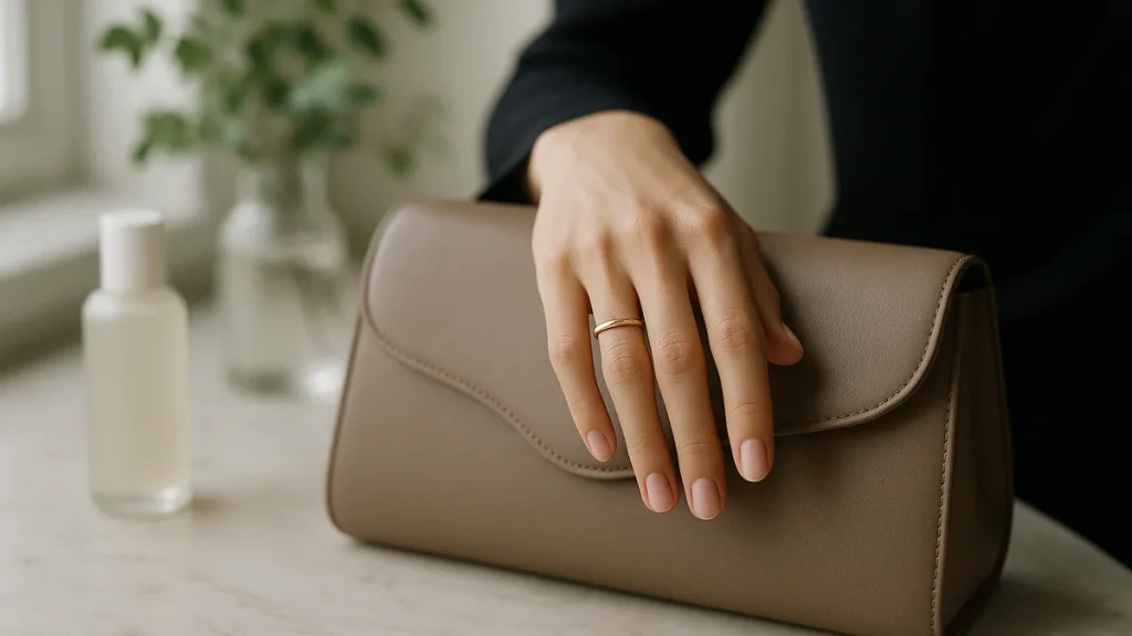an elegant close-up of a woman's hand wearing a simple delicate wedding ring band, resting gracefully on a plain unbranded leather handbag, soft natural light, luxury editorial
