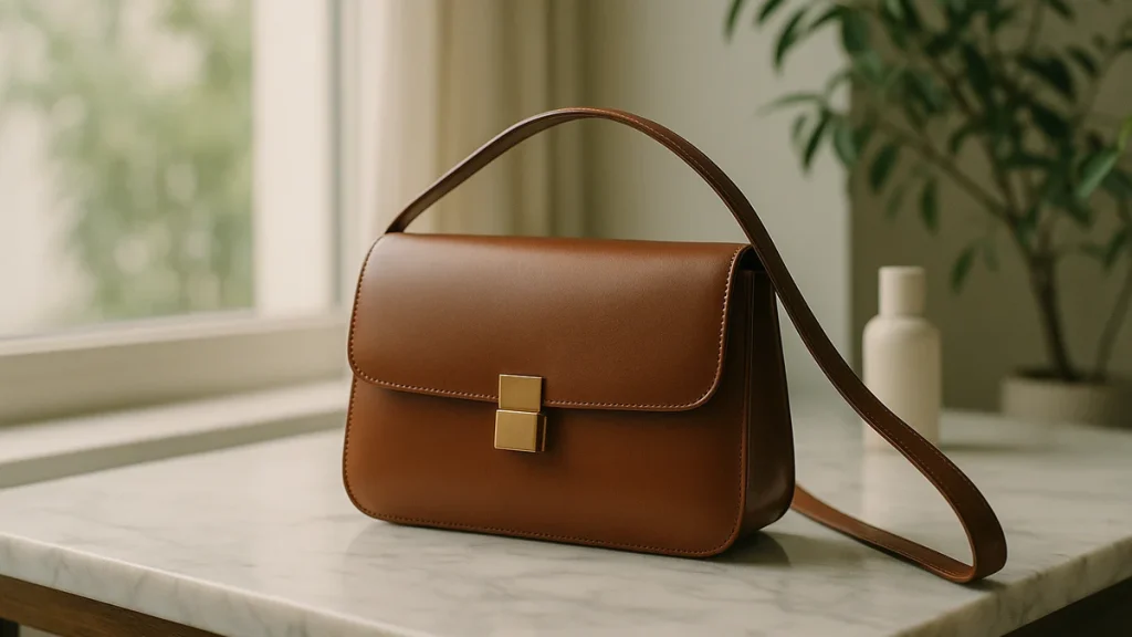 an elegant plain leather handbag with a simple metal clasp on a marble tabletop, soft natural light
