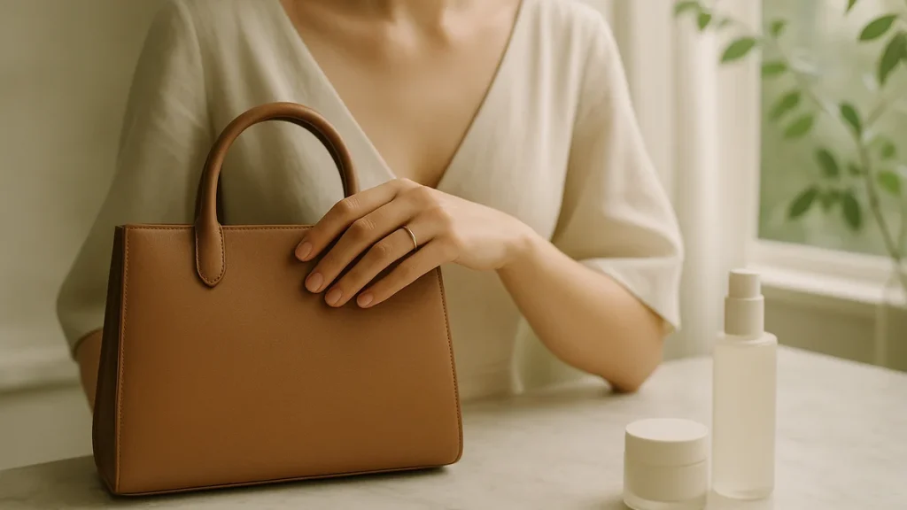 an elegant woman shown from the shoulders down in soft focus, gently holding a plain unbranded structured leather handbag, her hand resting on it clearly showing a simple delicate wedding ring band, luxury lifestyle editorial, soft natural light