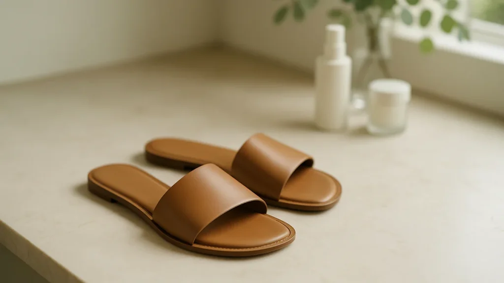a pair of plain flat leather slide sandals in tan on a clean minimalist floor, soft natural light