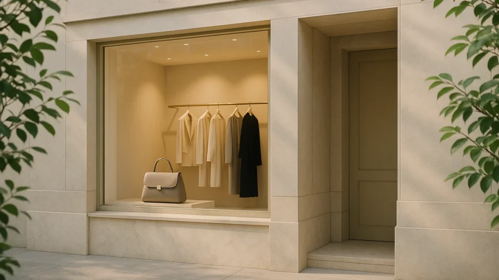 a luxurious minimalist fashion boutique storefront exterior with soft warm lighting and clean architecture, no signage