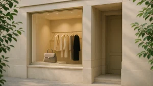 a luxurious minimalist fashion boutique storefront exterior with soft warm lighting and clean architecture, no signage