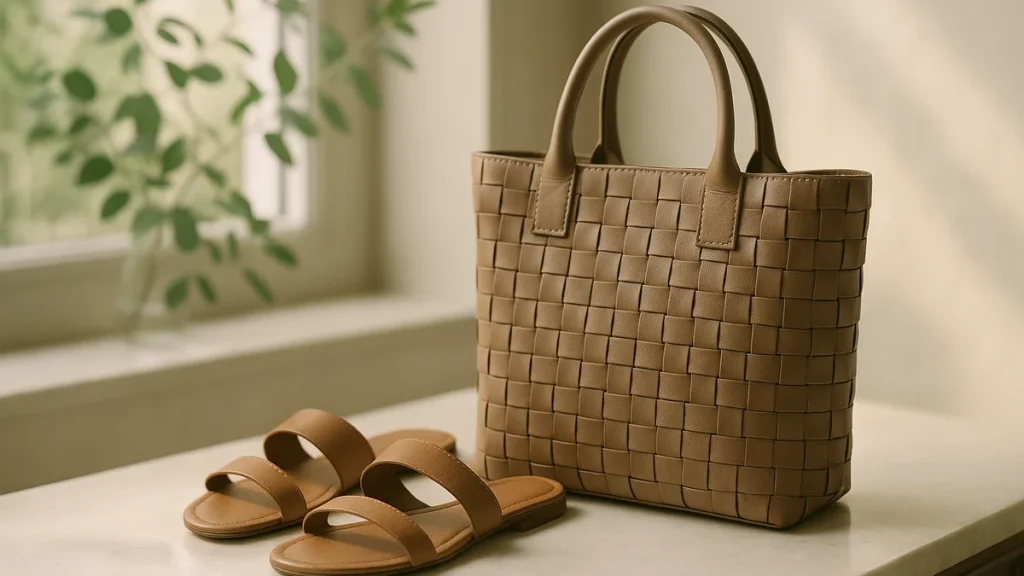 plain flat leather sandals beside a simple woven leather tote bag on a sunlit tabletop with green foliage