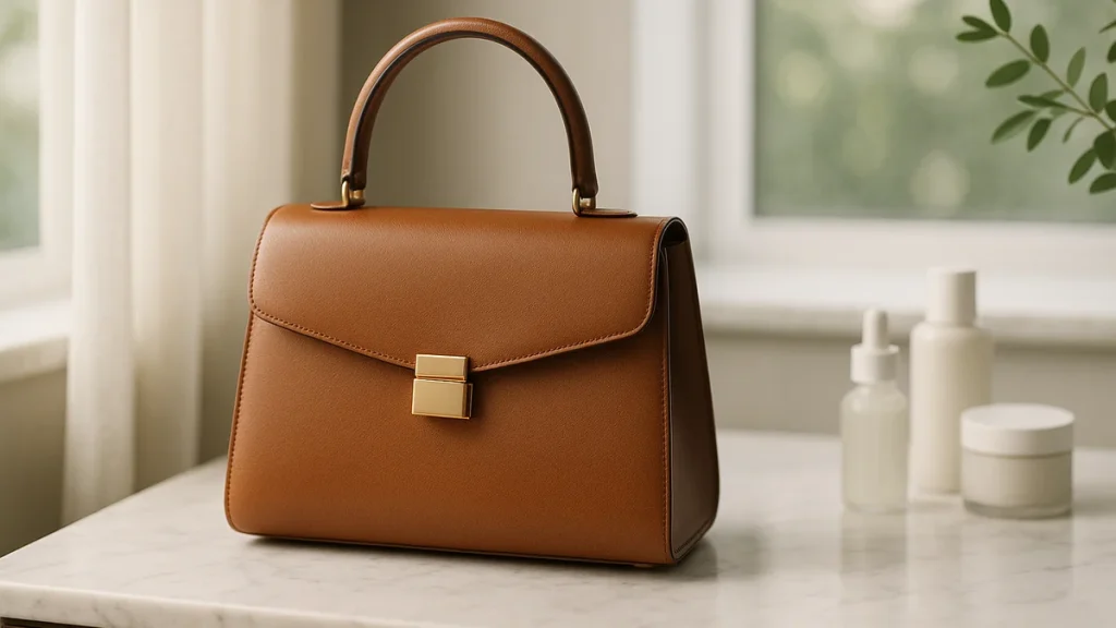 a plain structured leather handbag in cognac brown with a simple metal clasp on a marble surface, elegant styling