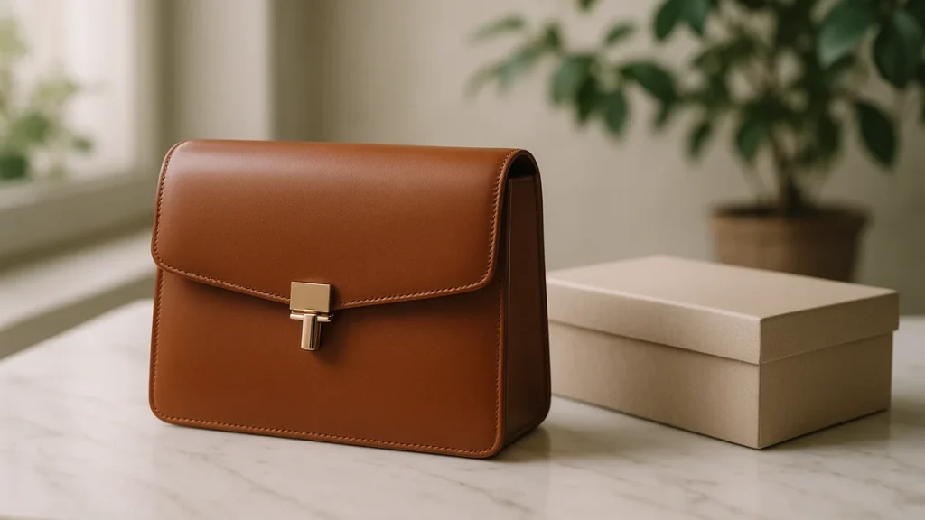 a plain structured leather handbag beside an elegant neutral-toned gift box on a refined tabletop