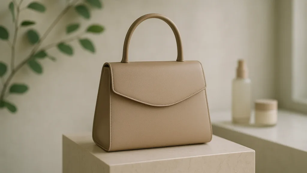 a refined plain structured leather handbag in soft beige displayed on a pedestal, gentle gallery lighting