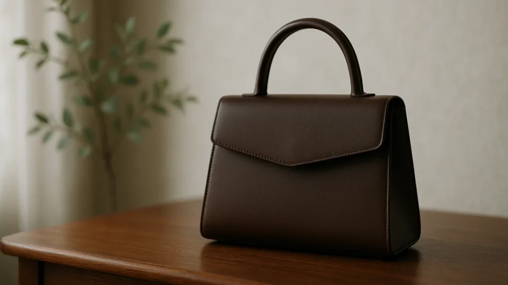 a plain structured leather handbag in dark brown on an elegant wooden tabletop with soft green foliage