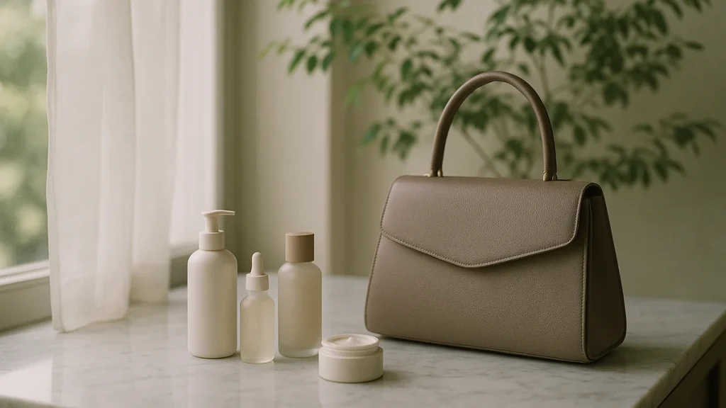a minimalist luxury boutique interior with plain unbranded leather handbags displayed on softly lit shelves, no text or signage