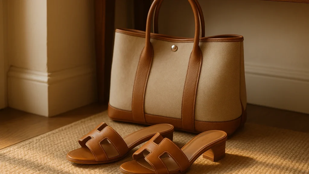 高級感のある玄関に置かれたエルメスのオランとオアジスのイメージ画像_自然光が入り_エレガントな雰囲気