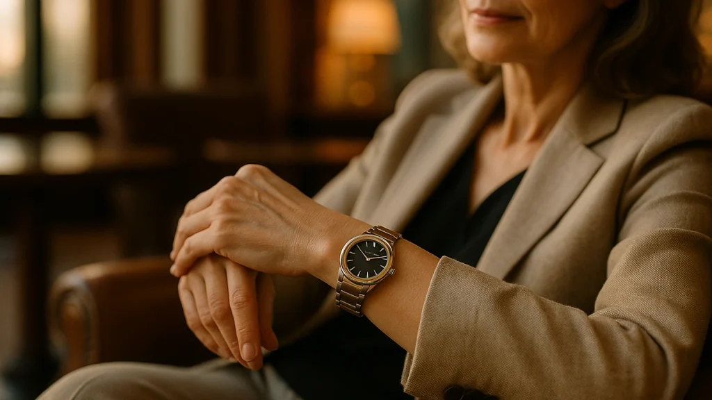 高級ホテルのラウンジでくつろぐ、ブルガリの時計をつけた洗練された50代女性の手元アップ。エレガントで落ち着いた雰囲気