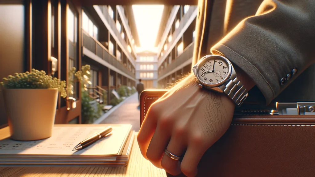 朝、玄関で腕時計を装着している手元のアップ。金属の質感が伝わる