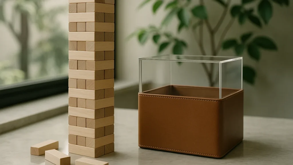 木製ブロックを積み上げたタワーゲームと透明アクリルとレザーの収納ボックスのイメージ