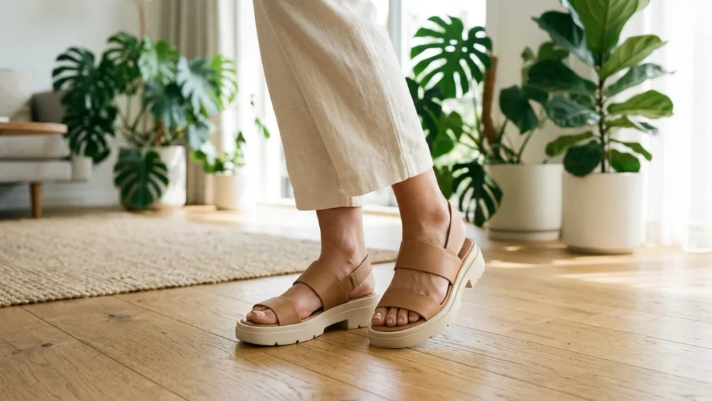厚底サンダルを履いた足元 明るい室内の床