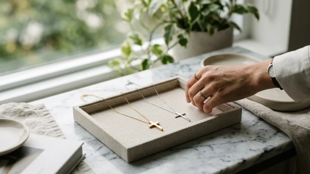 トレイに並べた、金色と銀色のシンプルな十字架ネックレス