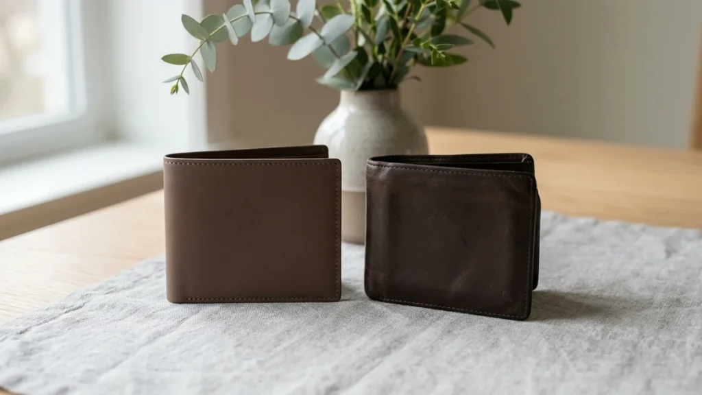 新品の革財布と使用感のある中古の革財布を並べて比較