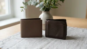 新品の革財布と使用感のある中古の革財布を並べて比較