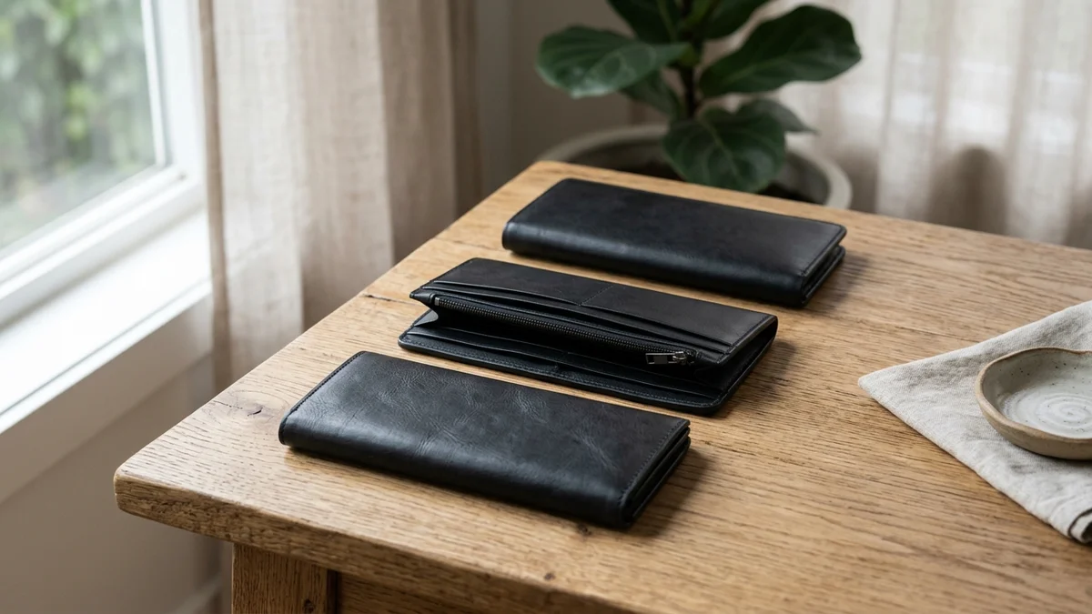 木のテーブルに並べた、ロゴのない革財布3つ