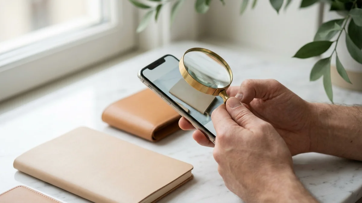 スマートフォンの表示を拡大鏡で確認する手元