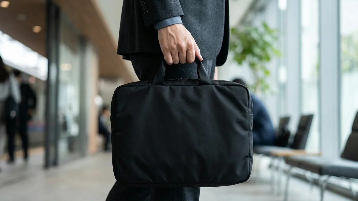 通勤中に黒いナイロン製ビジネスバッグを持つ手元