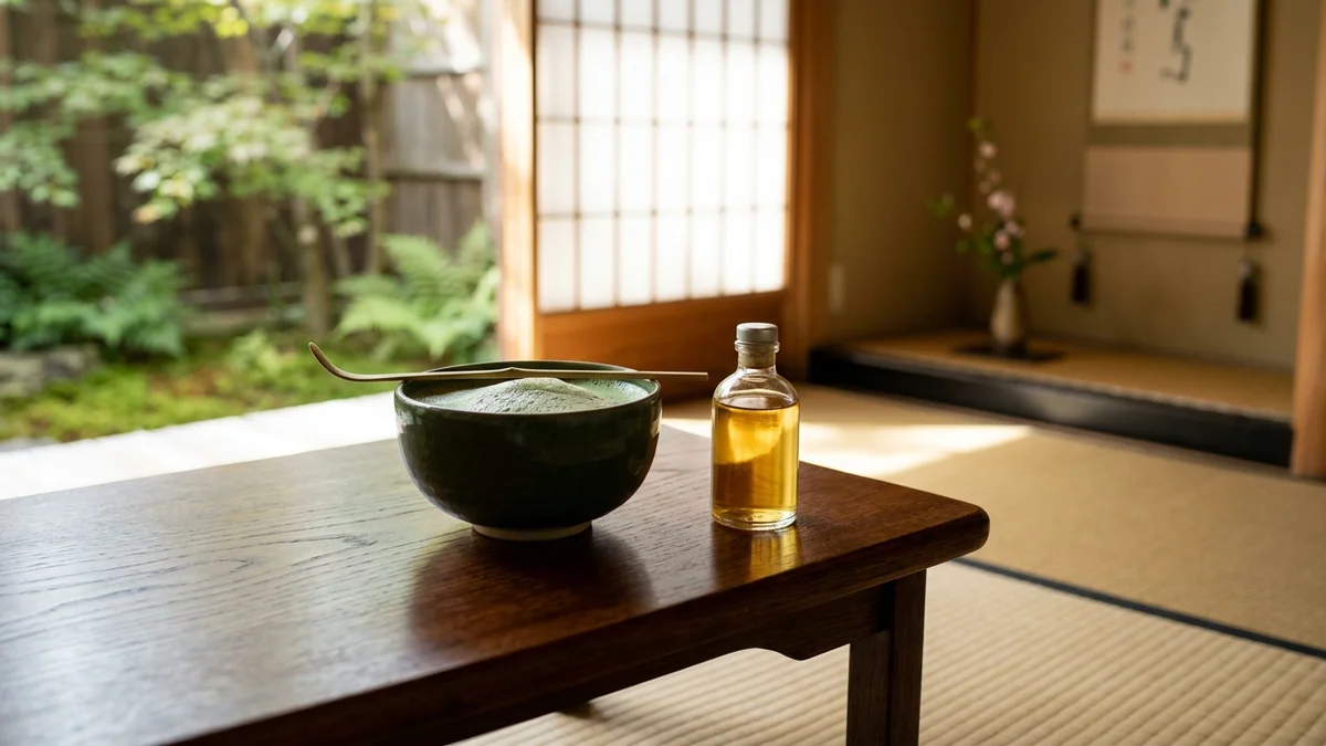 抹茶の茶碗とガラスの香水瓶