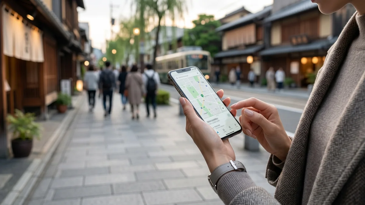 スマホの地図を見ながら四条通を歩く手元