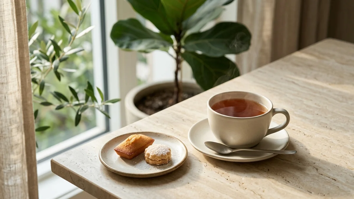 午後の光が差すテーブルに置かれた紅茶と焼き菓子